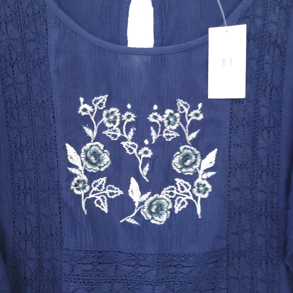 NEW American Eagle Top Small Navy Blue Boho Embroidered Short Sleeve Festival - Picture 2 of 5